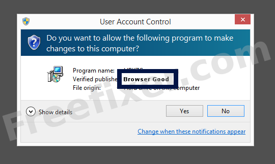 Screenshot where Browser Good appears as the verified publisher in the UAC dialog